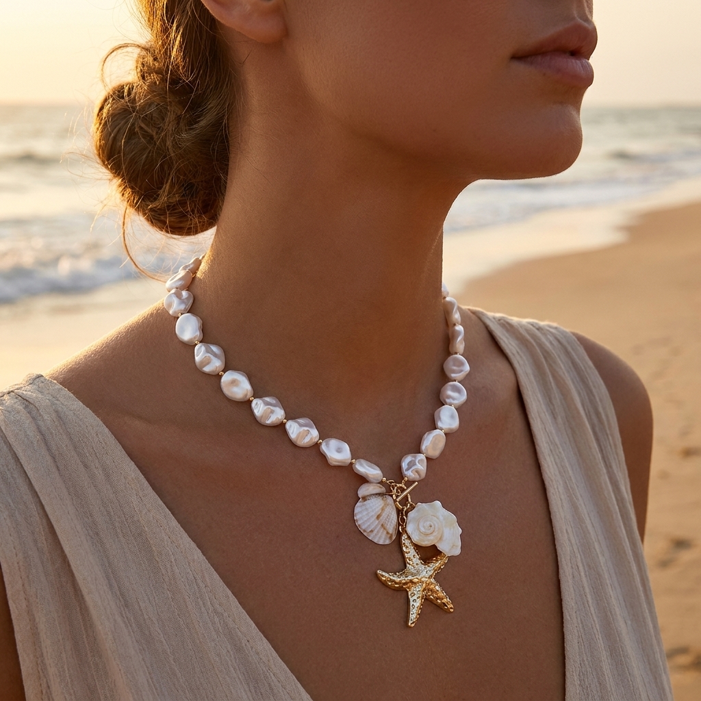 Pearl Trim Chain - Exaggerated Imitation Pearl Conch Pendant Necklace
