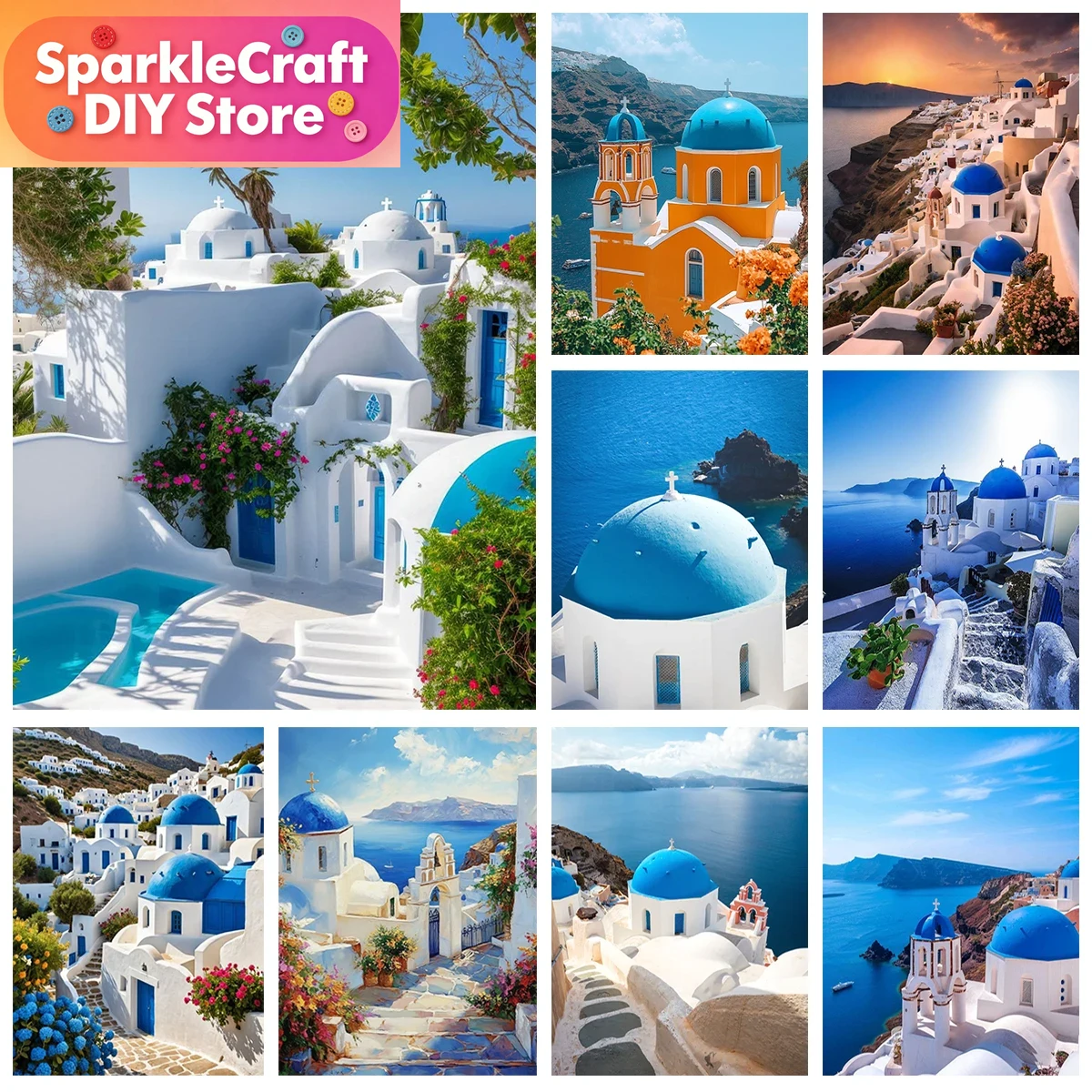 Embroidery Embellishments - 1pc frameless Aegean Sea Blue House