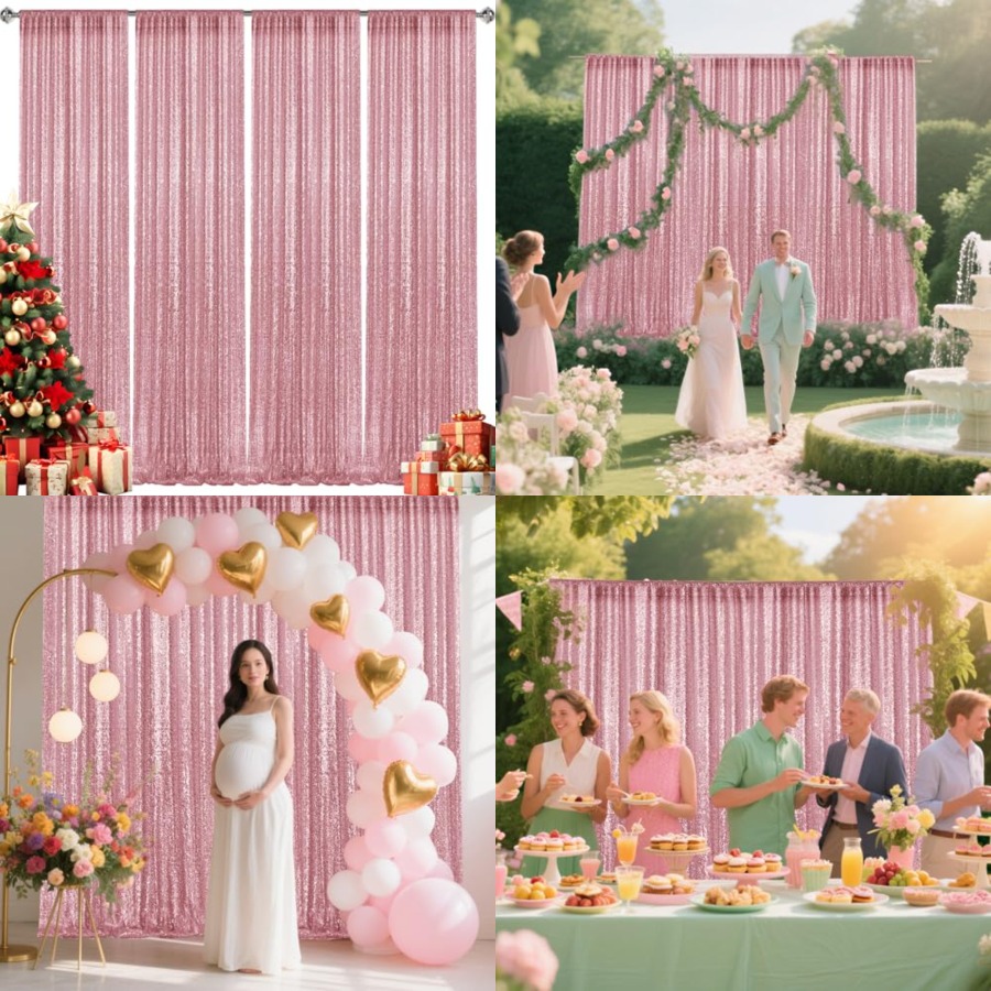 Sequin Fabric Panel - 2×8FT-4PCS Light Pink Sequin Backdrop Curtains