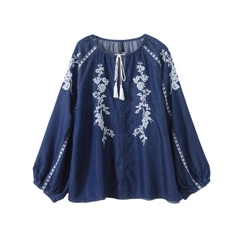 Women Denim Blouse Top Flower  - Tassel Fringe Trim reseña y precio