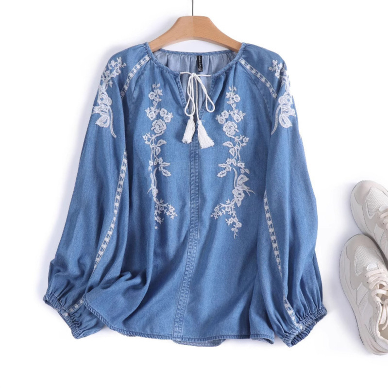 Women Denim Blouse Top Flower  - Tassel Fringe Trim reseña y precio