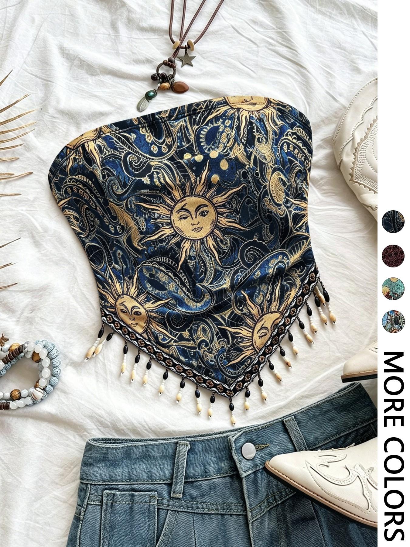 Ladies' 1pc Printed Mesh Knitt - Beaded Trim Fringe reseña y precio