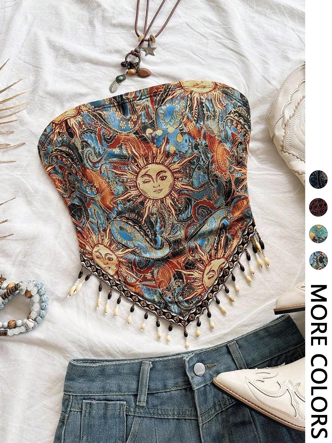 Ladies' 1pc Printed Mesh Knitt - Beaded Trim Fringe reseña y precio