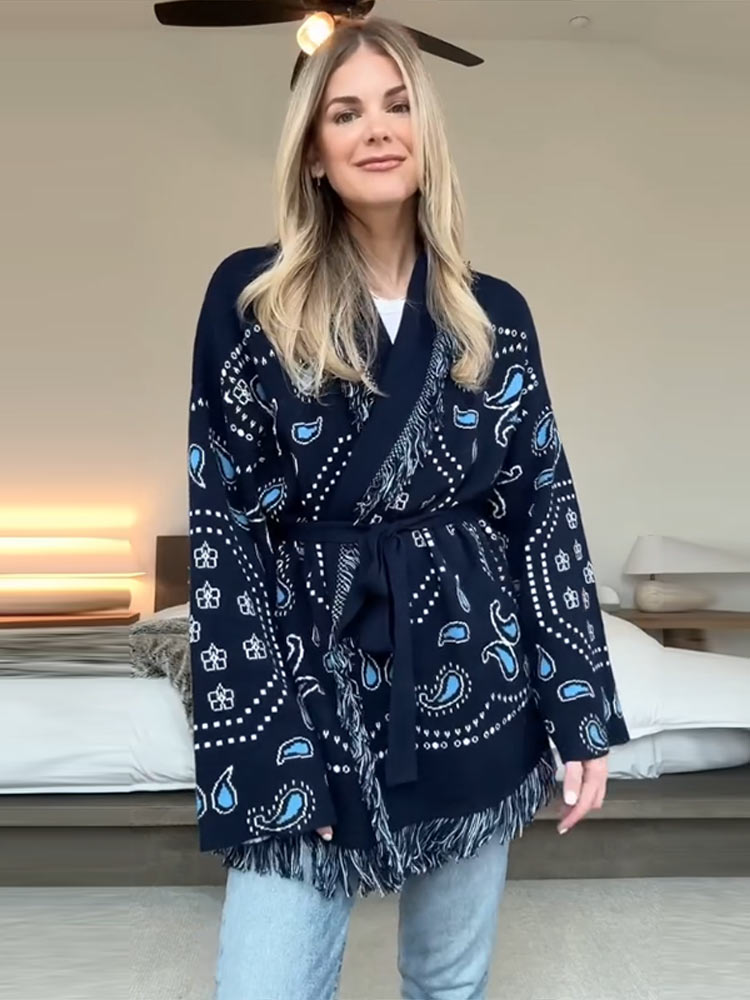 Elegant Print Tassel Cardigan  - Tassel Fringe Trim reseña y precio
